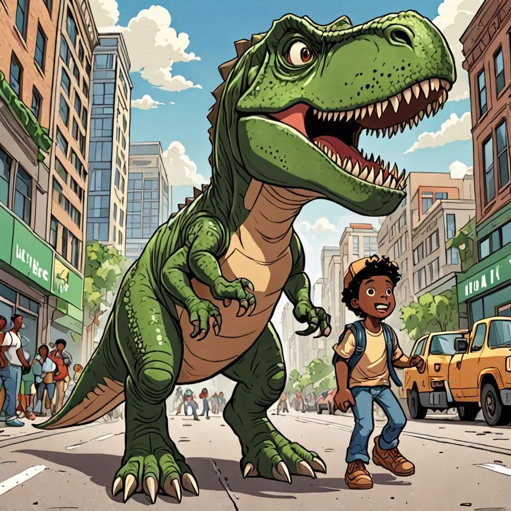 a boy is standing next to a dinosaur in the street with a man standing next to it and a large dinosaur is in the background, process art, a storybook illustration, Adam Rex, comic cover art