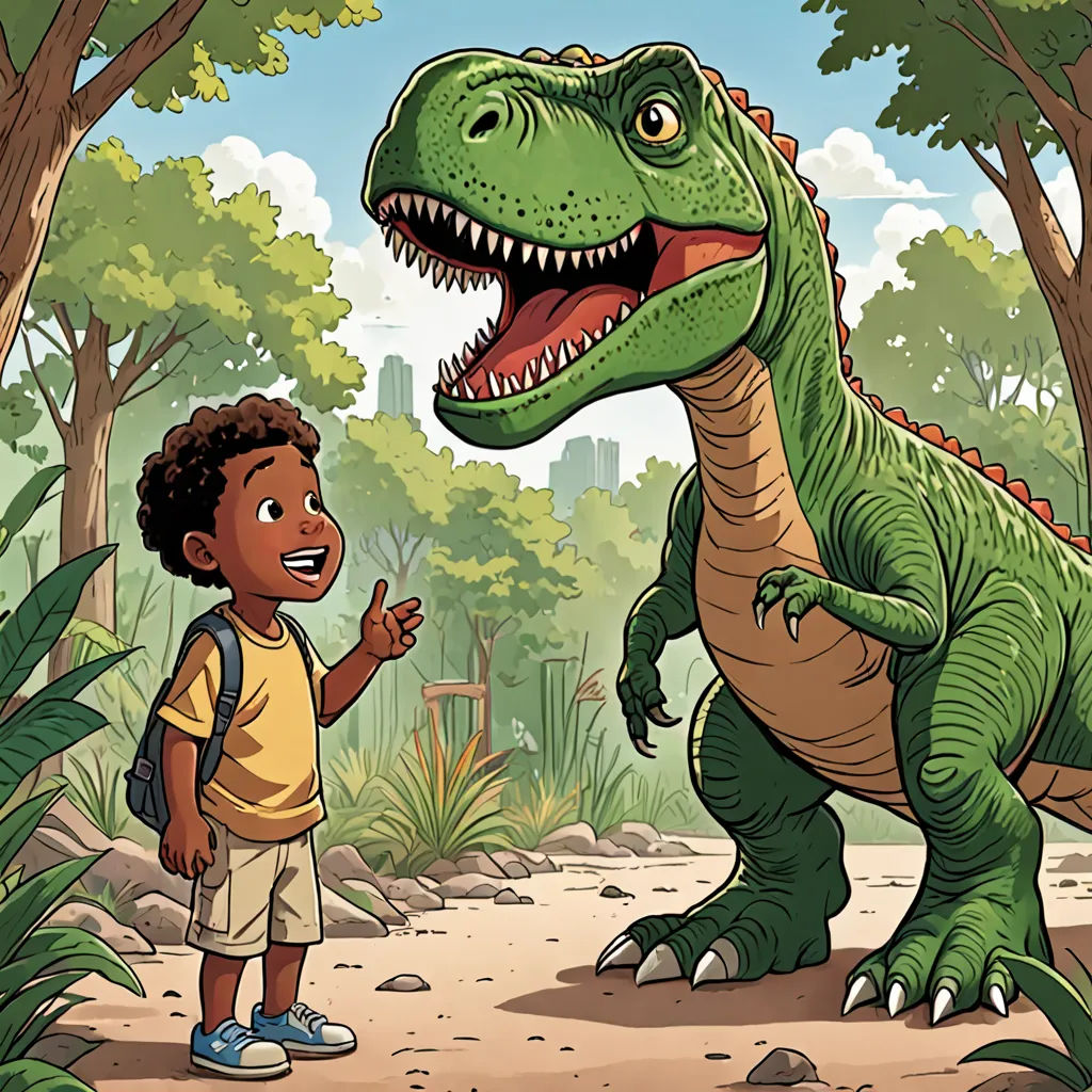 a boy standing next to a dinosaur in a forest with trees and bushes behind him, and a dinosaur with its mouth open, process art, a storybook illustration, Adam Rex, storybook illustration