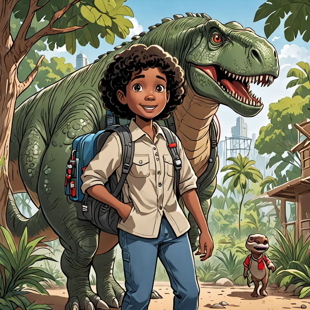 a boy with a backpack and a dinosaur in the background with a person in the foreground with a dinosaur in the background, process art, a storybook illustration, Adam Rex, comic cover art