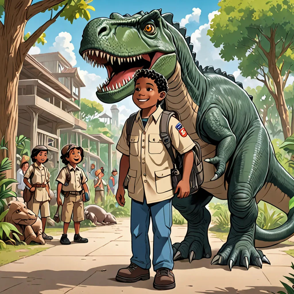 a boy standing next to a dinosaur in a park with other children in the background and a building in the background, process art, a storybook illustration, Adam Rex, comic cover art