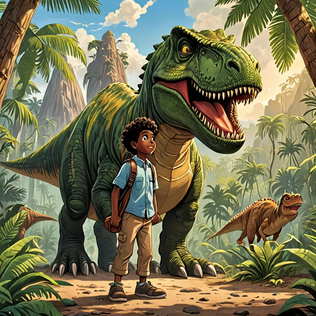 They landed in the prehistoric age, a time when dinosaurs roamed the earth. They searched high and low, looking for the T-Rex's family.