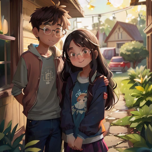 a boy and a girl standing next to each other in front of a house with a cat on the door