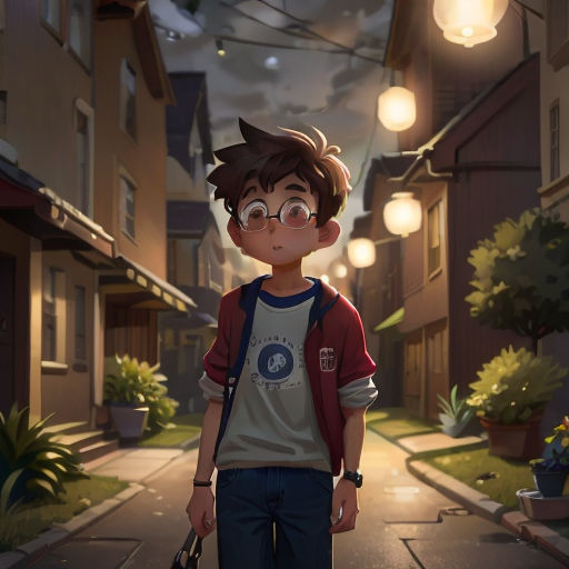 a boy with glasses and a backpack walking down a street at night with lights on the buildings behind him