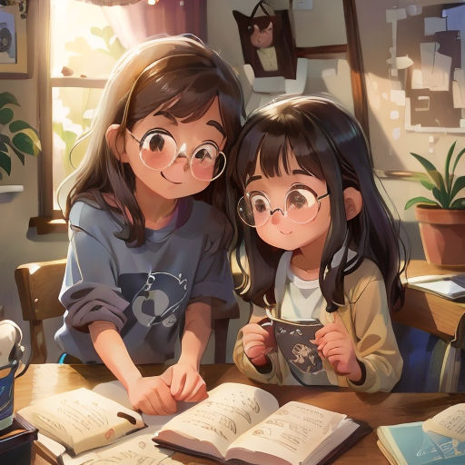 two girls sitting at a table with books and a cup of coffee in front of them, looking at the camera