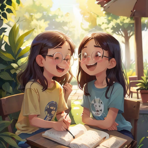 two young girls sitting at a table with a book and pen in front of them, both smiling and looking at the camera