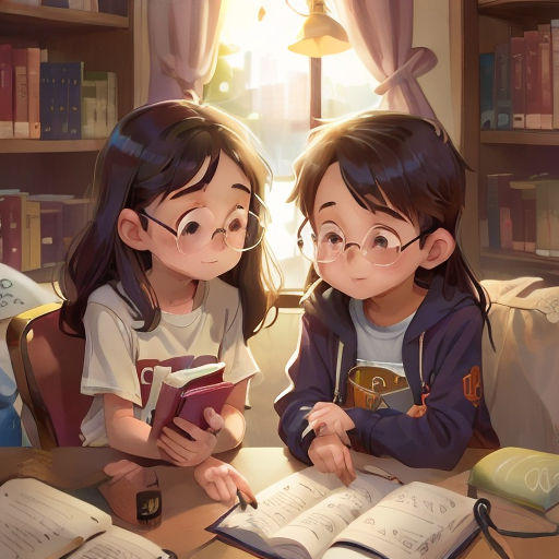 two children sitting at a table with books and a lamp in the background, reading a book together, and looking at a book