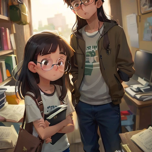 a couple of people standing next to each other in a room with books on the shelves and a book shelf