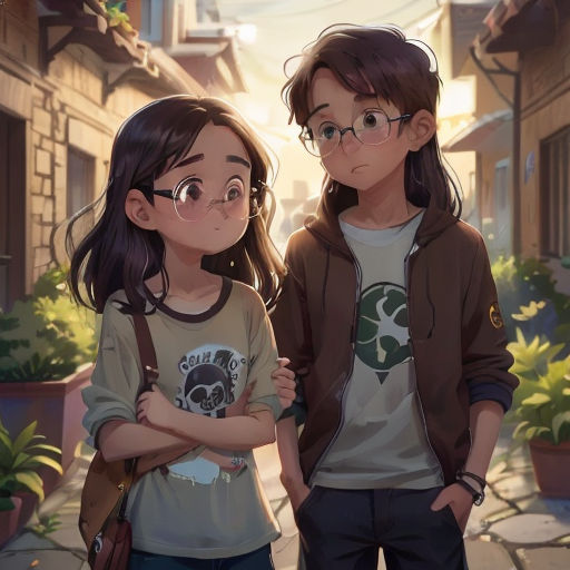 two young girls standing next to each other in front of a building with a green plant on the roof