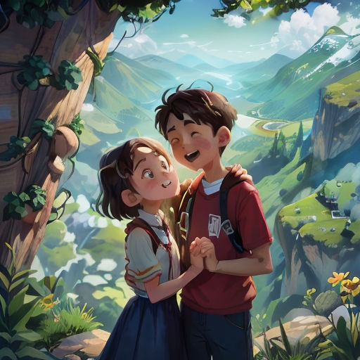 a boy and a girl are standing in the woods together, looking at the camera and smiling at the camera
