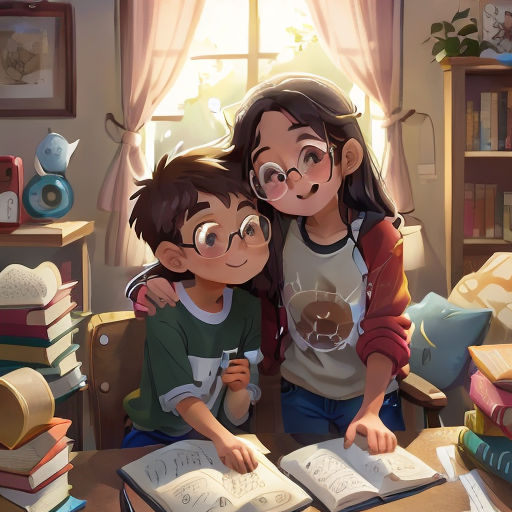 two children are sitting at a table with books and a book in front of them, and one is holding a book