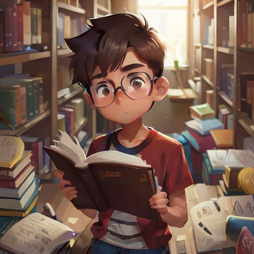 a boy reading a book in a library with lots of books on the shelves and a window in the background