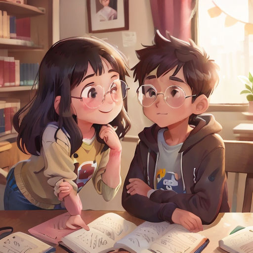 a boy and a girl sitting at a table with books and a bookcase in the background, looking at each other