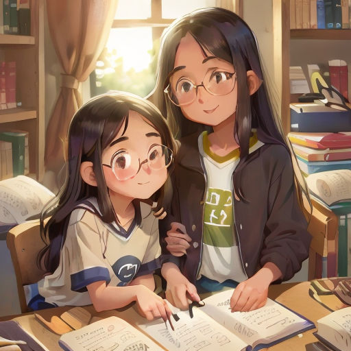 a couple of kids sitting at a table with books and a pen in front of them and a bookcase