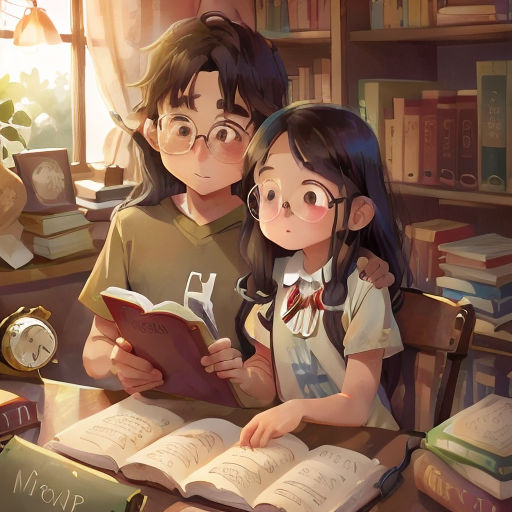 a couple of people sitting at a table with books in front of them and a clock in the background