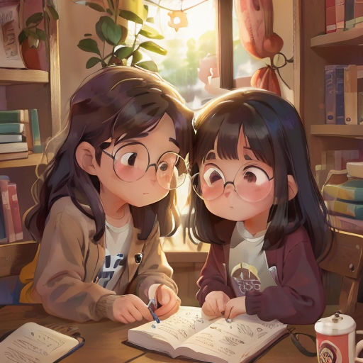 two girls sitting at a table with books and a cup of coffee in front of them, looking at a book