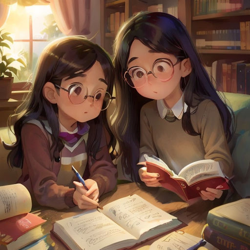 two girls sitting at a table with books and a pen in their hands and a book in front of them