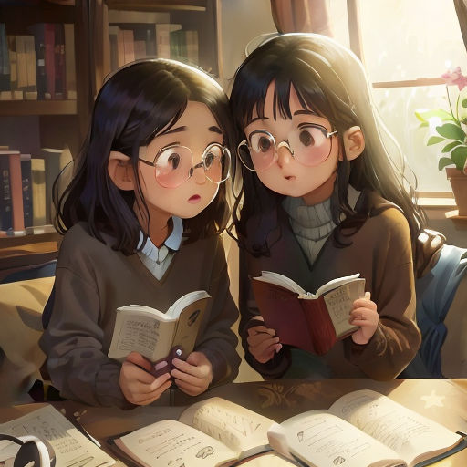 two girls reading books in a library with a window behind them and a potted plant on the table
