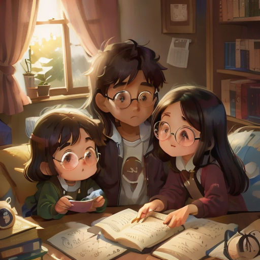 three children are reading a book together in a room with a window and a lamp on the wall and a clock on the wall