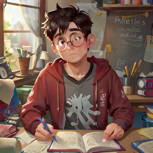 a boy sitting at a desk with a book and pen in his hand and a book in front of him