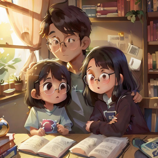 a man and two children are sitting at a table with books and a cup of coffee in front of them
