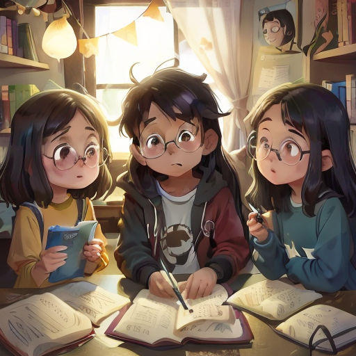three children sitting at a table with books and a pen in their hands and looking at a book on the table