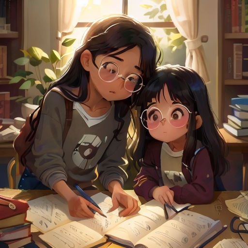 a woman and a child are sitting at a table with books and a pen and paper in front of them