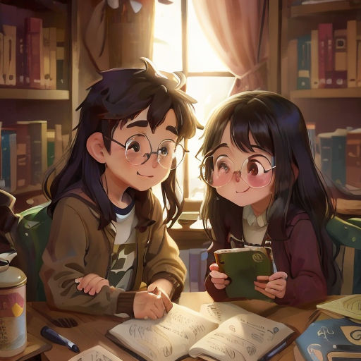 two children sitting at a table with books and a book in front of them, looking at a book