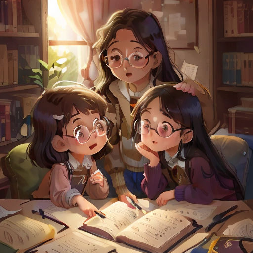three girls are sitting at a table with books and a pen and paper in front of them, and one girl is writing