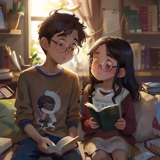 a boy and girl sitting on a couch reading a book together, with a window in the background and books on the floor