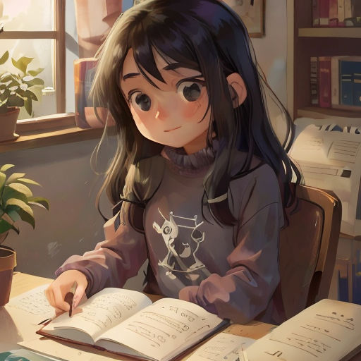 a girl sitting at a desk with an open book and a plant in front of her, reading a book