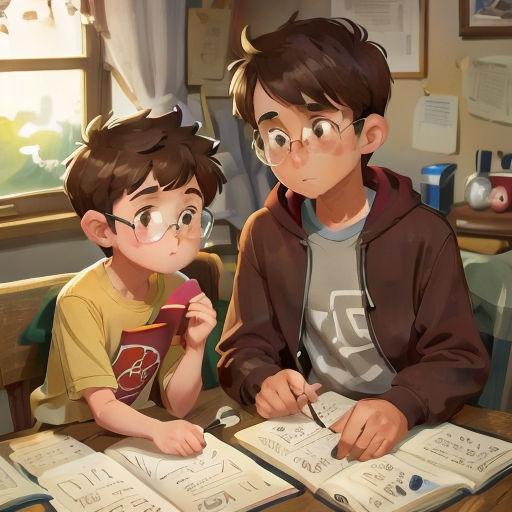 a boy and a boy sitting at a table with books and a magnifying glass in front of them