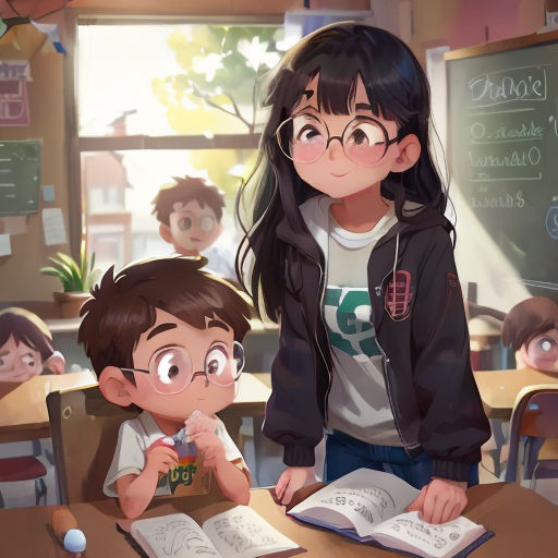 a girl and boy are sitting at a desk in a classroom with books and a book in front of them
