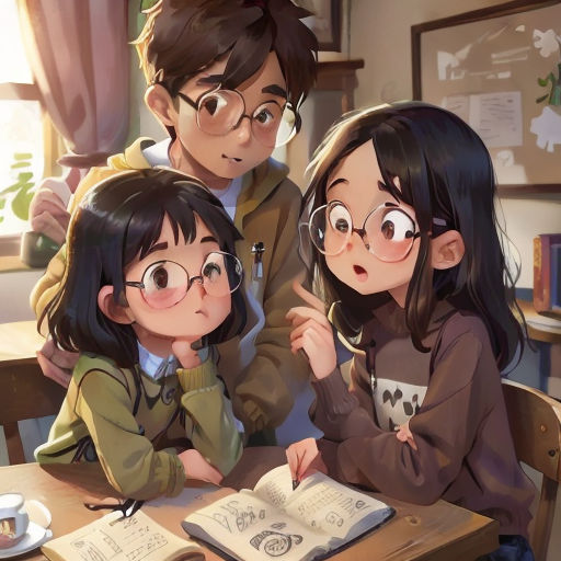 a couple of kids sitting at a table with an open book in front of them and a man standing behind them