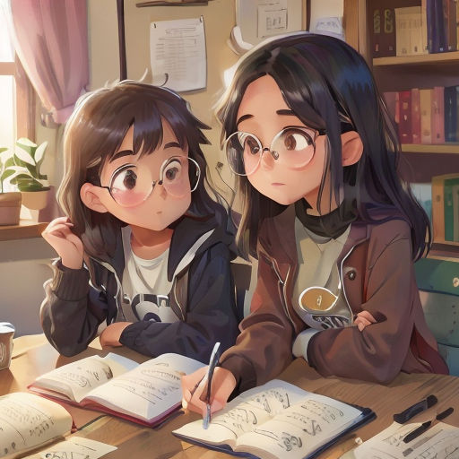 two girls sitting at a table with books and a pen in front of them, looking at a book
