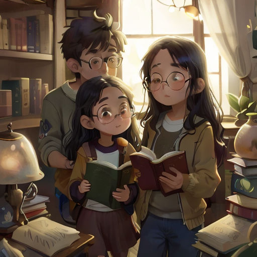 a group of children standing next to each other in a room with books on the floor and a lamp on the wall