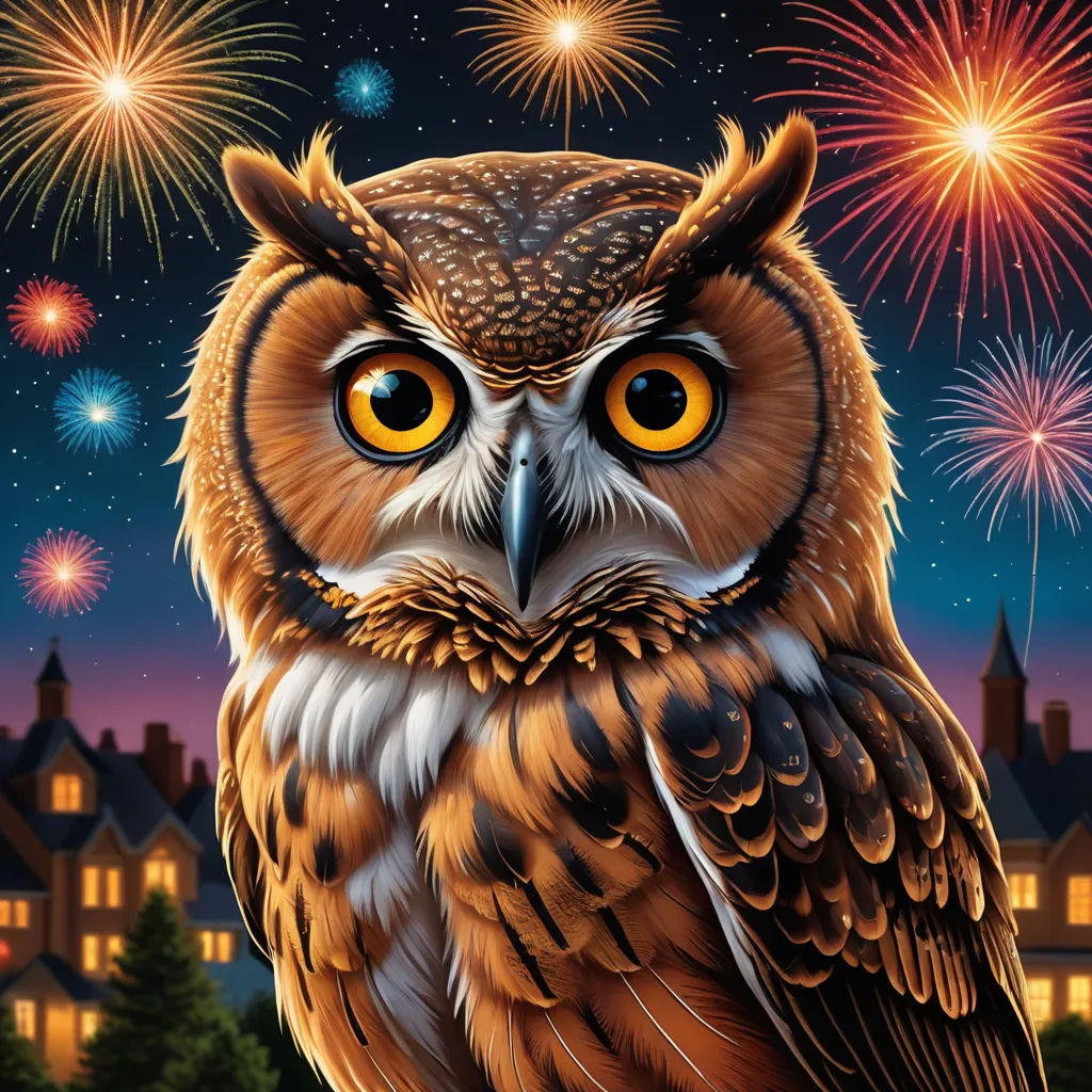 a painting of an owl with a city in the background and fireworks in the sky above it, with a building in the foreground, fantasy art, a storybook illustration, Dan Mumford, highly detailed digital painting