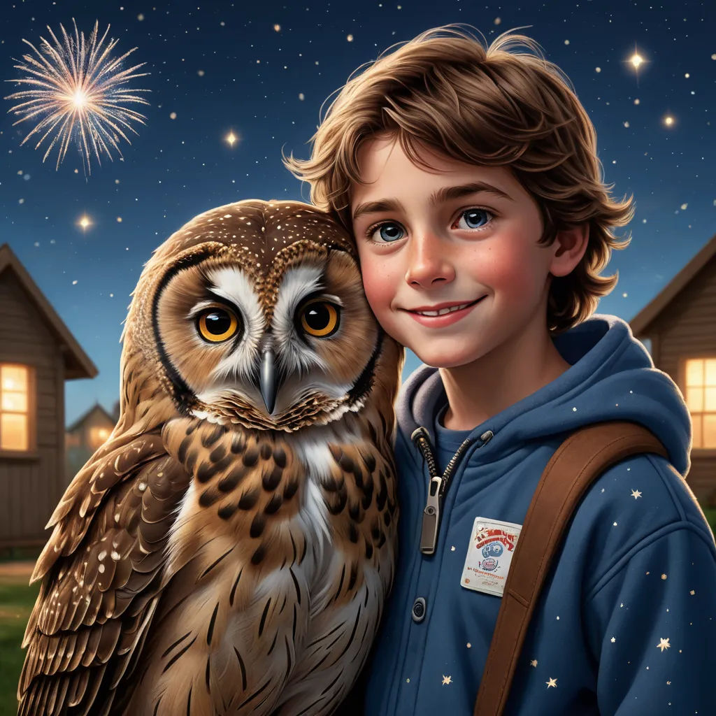 a boy is holding an owl in front of a house with fireworks in the sky above him and a house with a firework in the background, magical realism, a storybook illustration, Bob Byerley, highly detailed digital painting