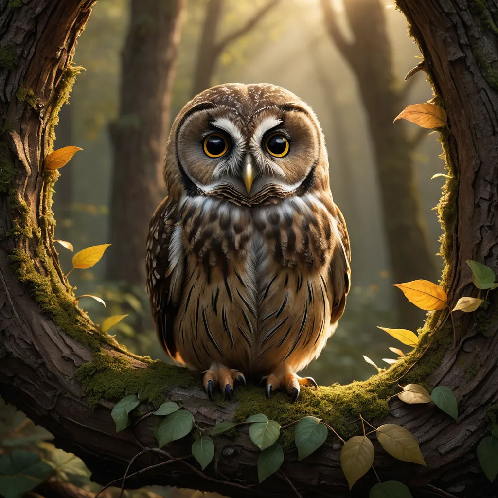 a owl sitting on a branch in a forest with leaves around it and a sunbeam in the background, fantasy art, a storybook illustration, Chris LaBrooy, highly detailed digital painting