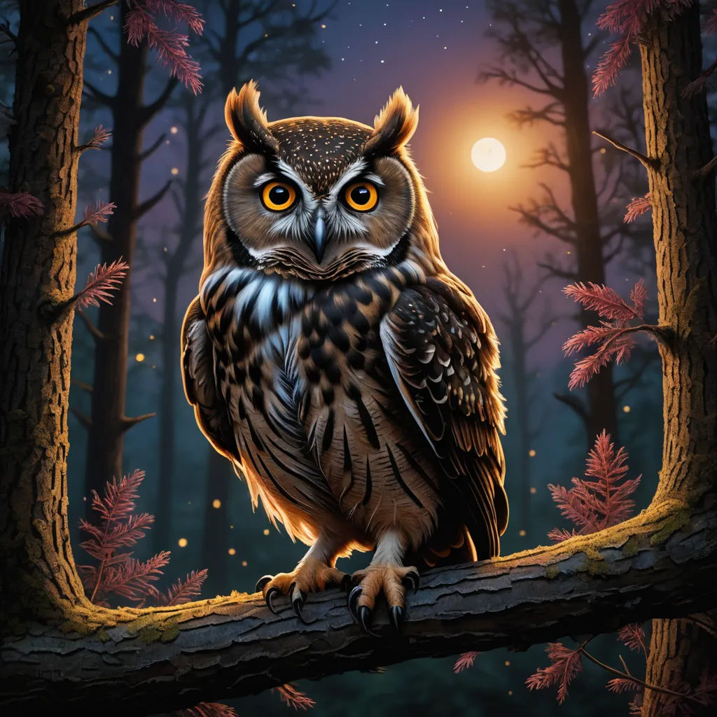 a painting of an owl sitting on a branch in a forest at night with a full moon in the background, fantasy art, a storybook illustration, Dan Mumford, highly detailed digital painting
