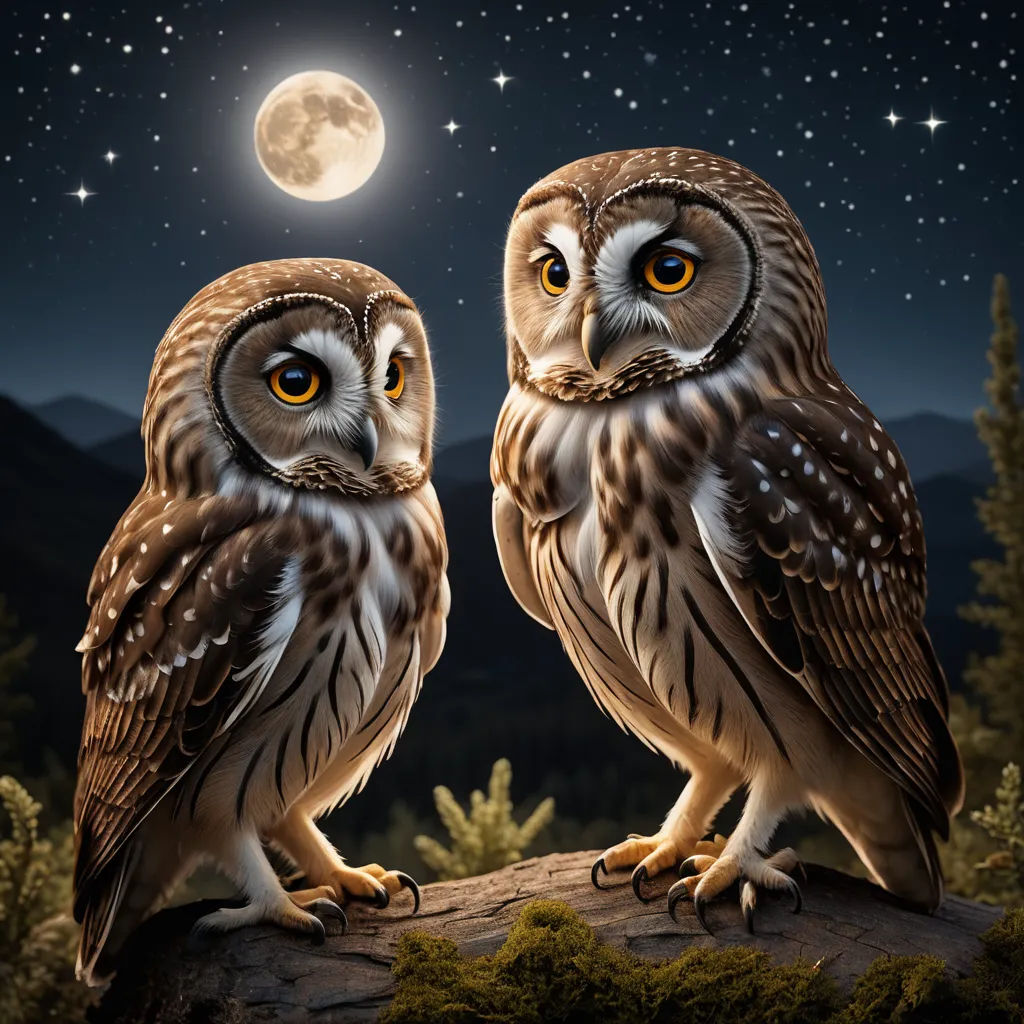 two owls sitting on a log in front of a full moon and stars sky with a full moon in the background, fantasy art, a storybook illustration, Bernd Fasching, highly detailed digital painting