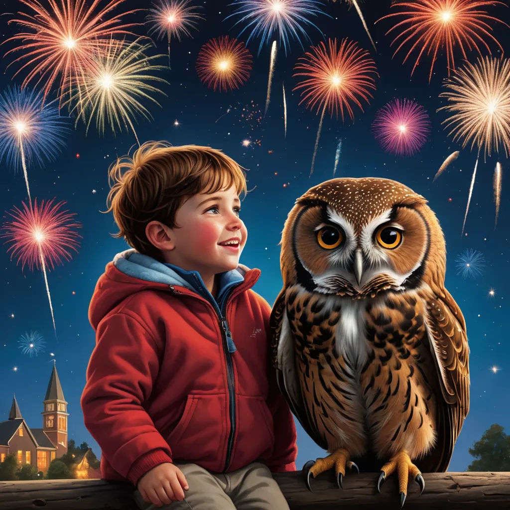 a boy sitting on a ledge with an owl and fireworks in the background, and a boy in a red jacket looking at the owl, sots art, a storybook illustration, Chris LaBrooy, highly detailed digital painting
