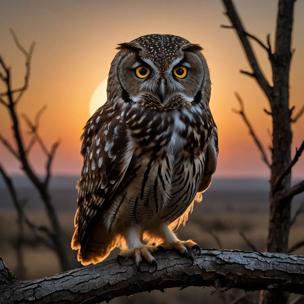 a owl sitting on a branch with the sun setting in the background and a tree branch in the foreground, art photography, a photorealistic painting, Bernd Fasching, wildlife photography
