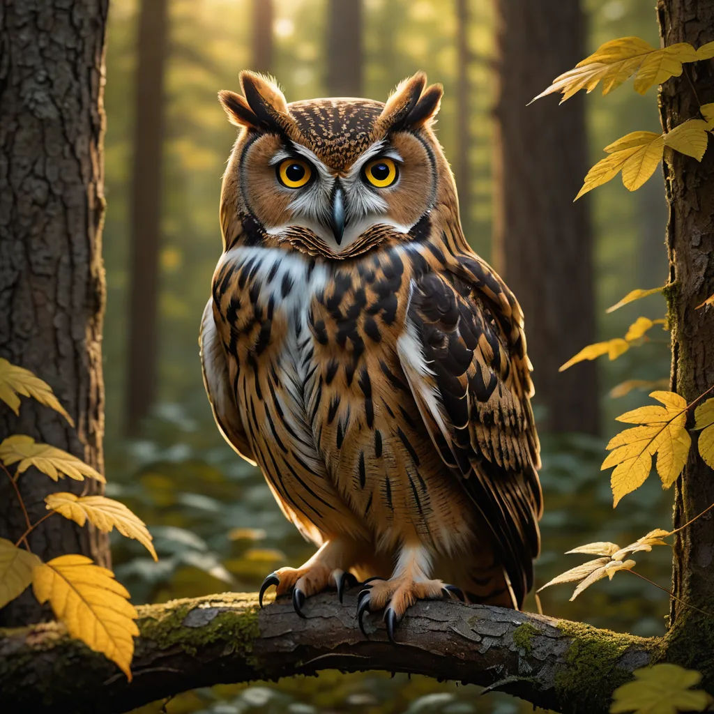 a painting of an owl sitting on a branch in a forest with yellow leaves and a sun shining through the trees, naturalism, a 3D render, Artur Tarnowski, animal photography