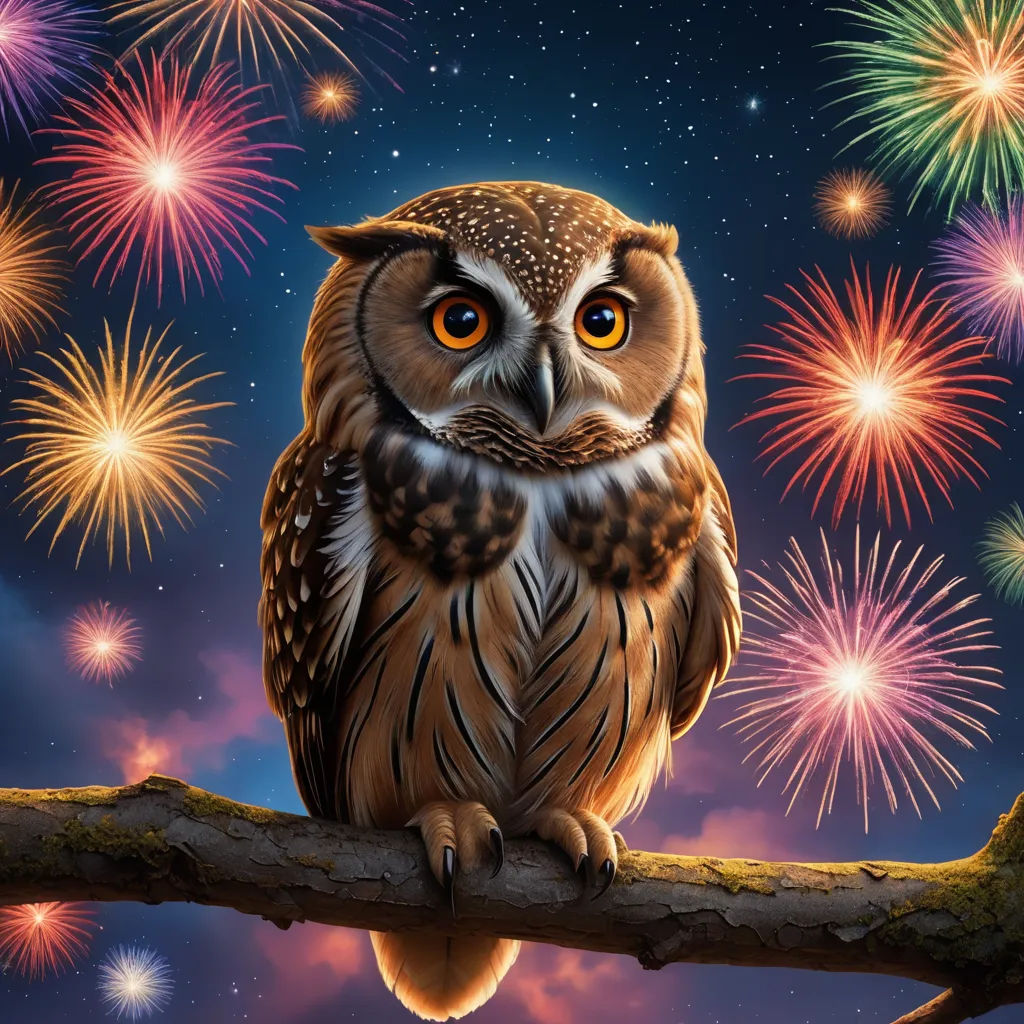 a painting of an owl sitting on a branch with fireworks in the background and a sky full of stars, fantasy art, a digital painting, Dan Mumford, highly detailed digital painting