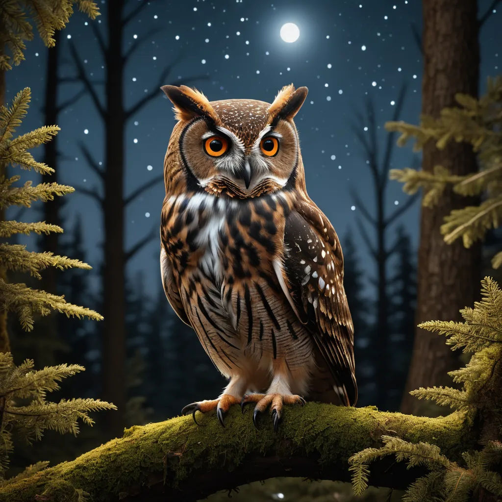 a painting of an owl sitting on a branch in a forest at night with the moon in the background, fantasy art, a storybook illustration, Dan Mumford, highly detailed digital painting