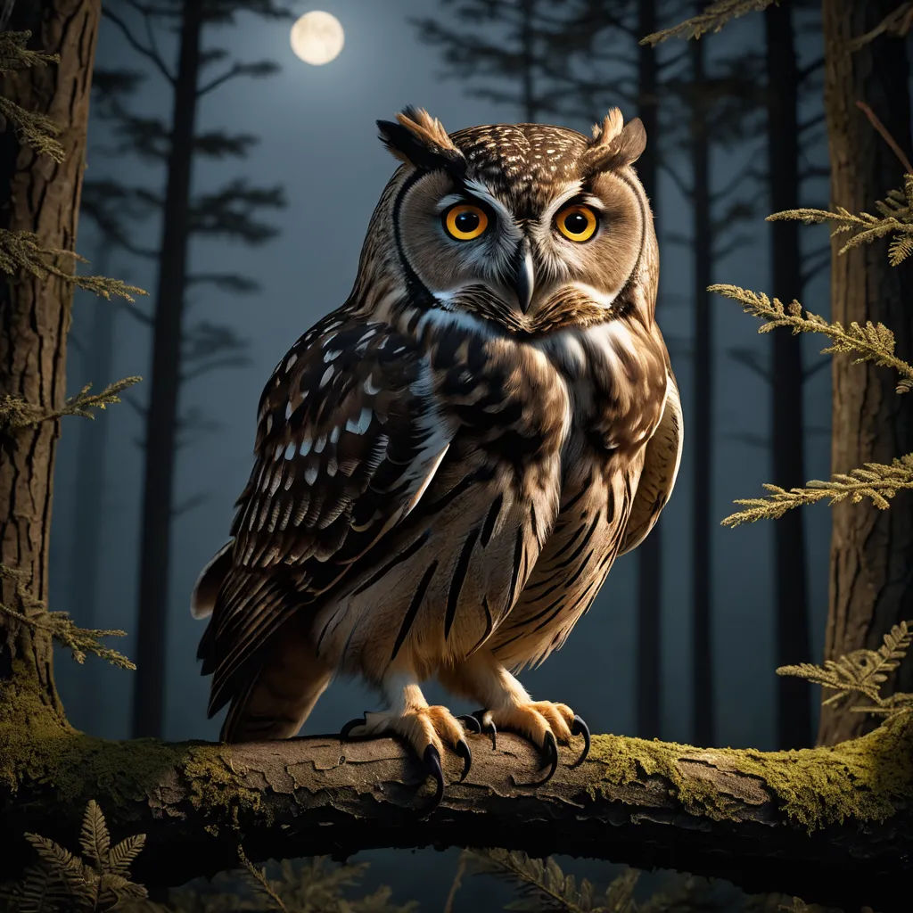 a large owl sitting on a tree branch in the woods at night with a full moon in the background, art photography, a storybook illustration, Chris LaBrooy, highly detailed digital painting