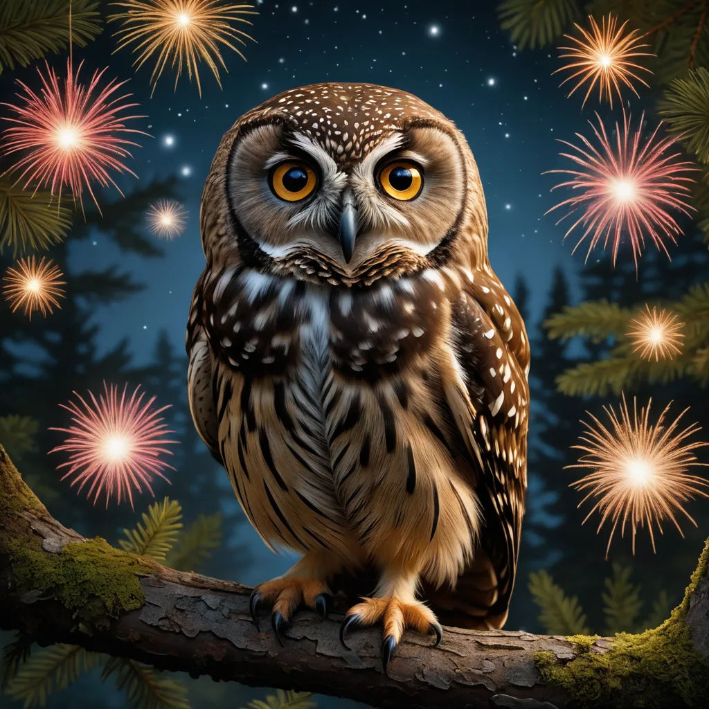 a painting of an owl sitting on a branch with fireworks in the background and a tree branch with a branch with a branch and a bird on it, fantasy art, a storybook illustration, Dan Mumford, highly detailed digital painting