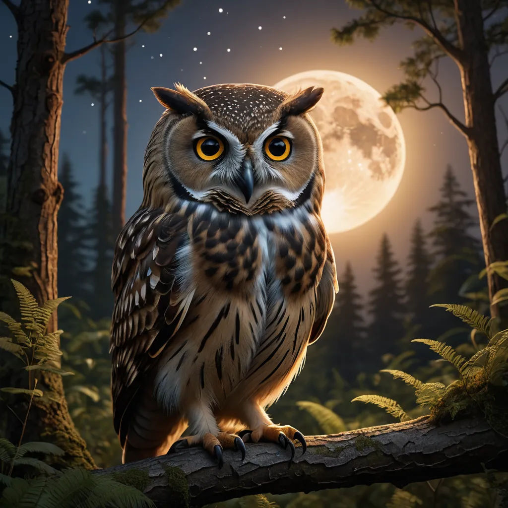 an owl sitting on a branch in a forest with a full moon in the background and trees and bushes, fantasy art, a storybook illustration, Chris LaBrooy, highly detailed digital painting