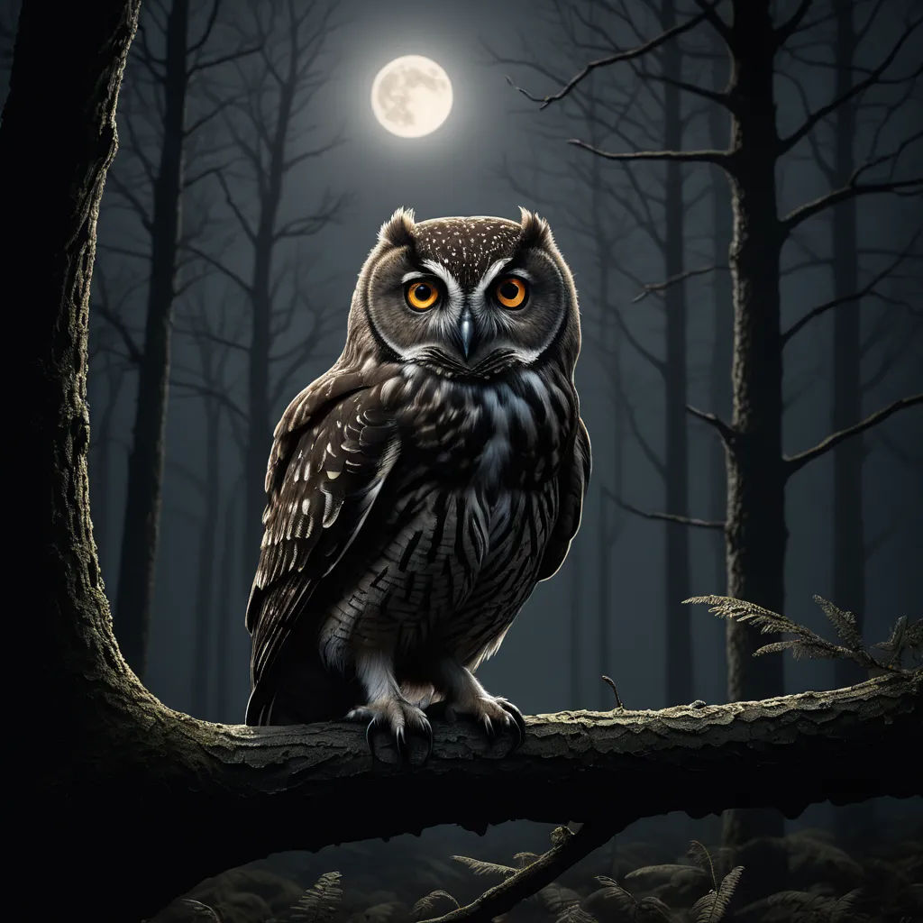 an owl sitting on a branch in the woods at night with a full moon in the background and a tree branch with a branch in the foreground, fantasy art, a digital painting, Dan Mumford, highly detailed digital painting