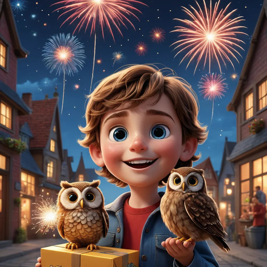 a boy holding an owl and a box with fireworks in the background and a city street with buildings and buildings, sots art, poster art, Cliff Childs, promotional image